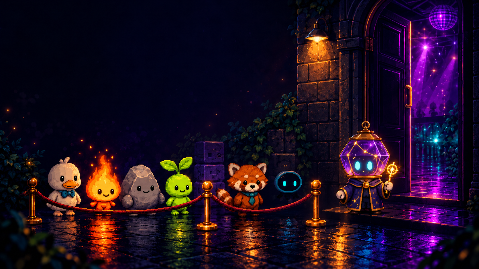 A duckling, flame, rock, sprout, fox, little robot and lantern-headed guide waiting beside a glowing purple storybook doorway