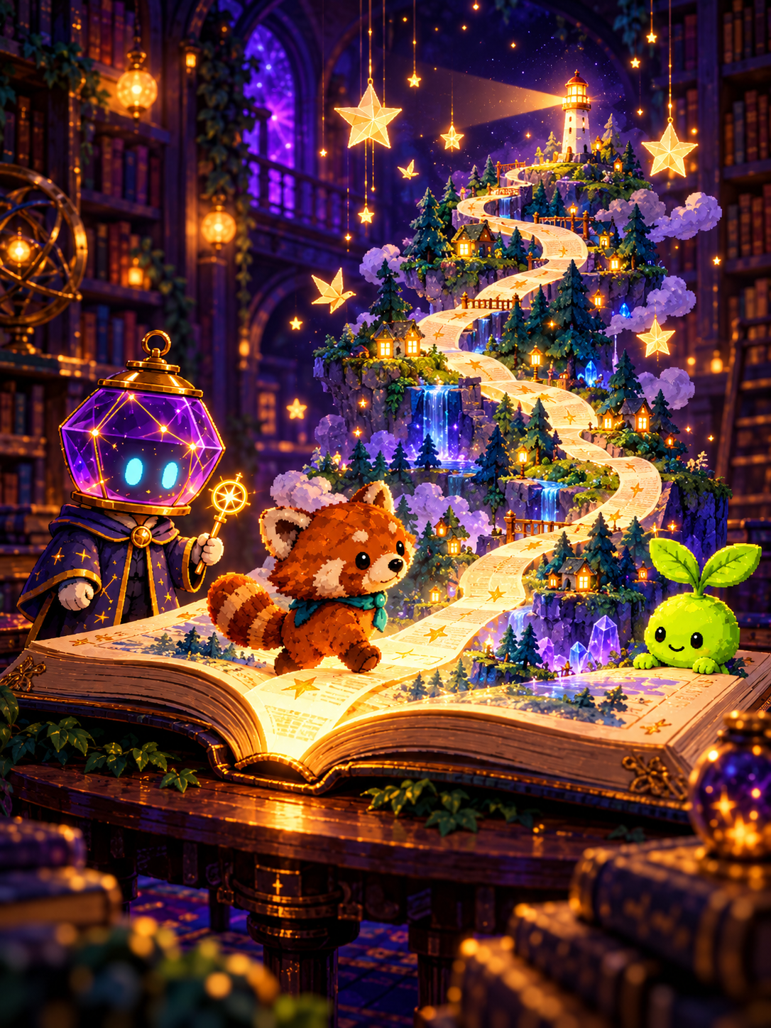 A fox, sprout and lantern-headed guide explore a glowing book whose pages become a path to a lighthouse